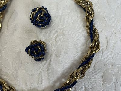 1950's Gold Plated Choker with Intertwined Dark Blue Glass Beads and Earrings-Vintage
