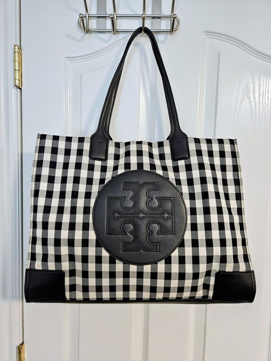 Tory Burch Ella Gingham Plaid Tote (Black/White) $175