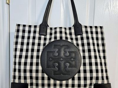 Tory Burch Ella Gingham Plaid Tote (Black/White) $175