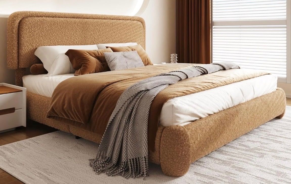 Brand New King Size Cloud Bed Frame – Brown Boucle Upholstered