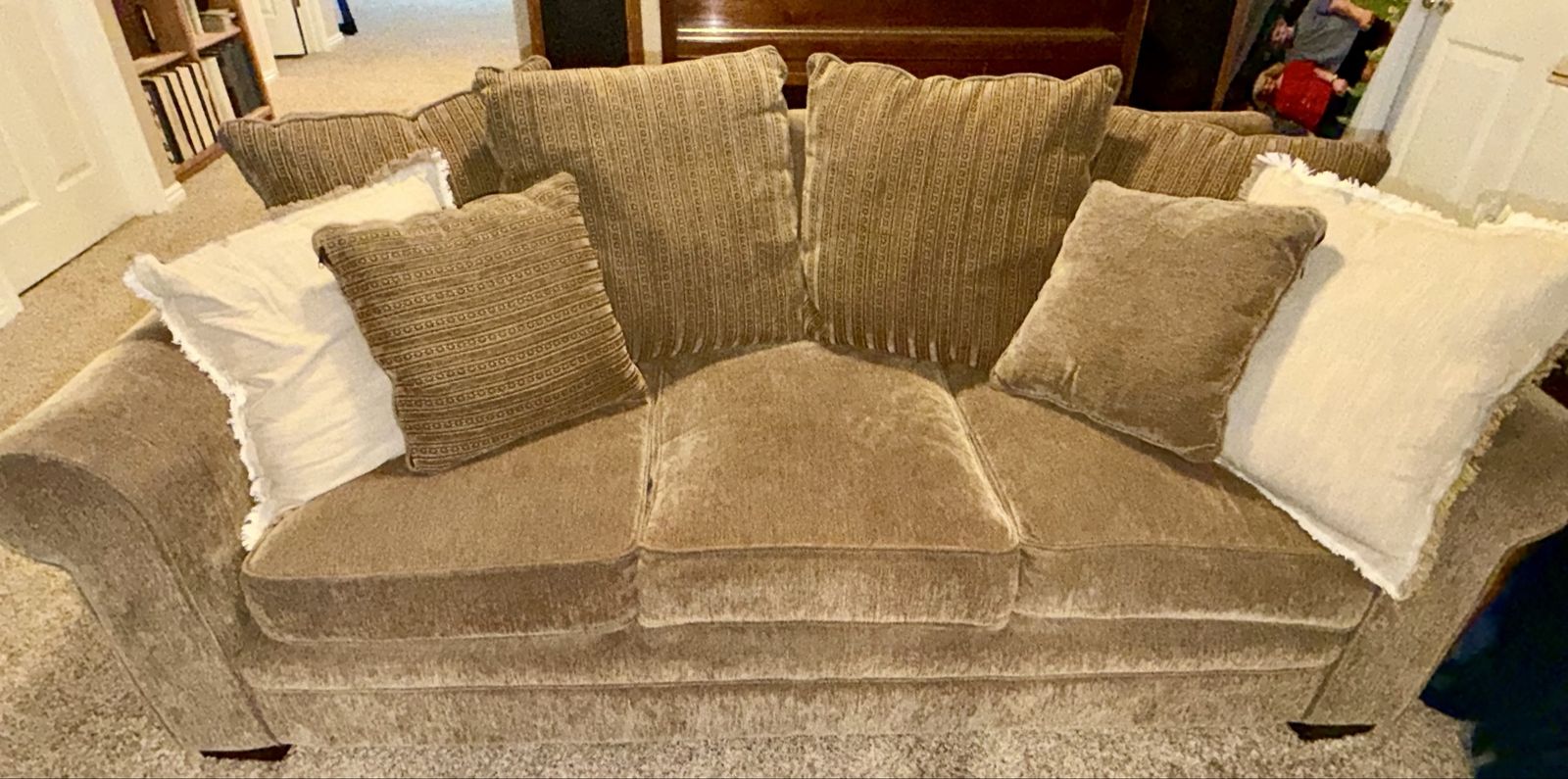 84" Brown Upholstered Sofa Couch with Pillows - Excellent Condition, Smoke-Free Home