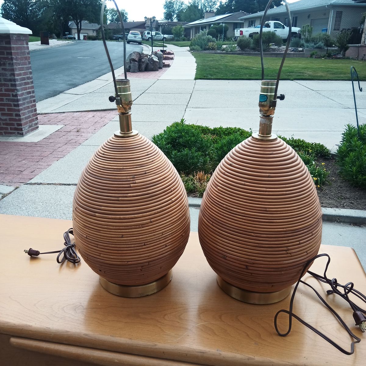 Pair of mid century pencil-reed table lamps in the style of Gabriella Crespi