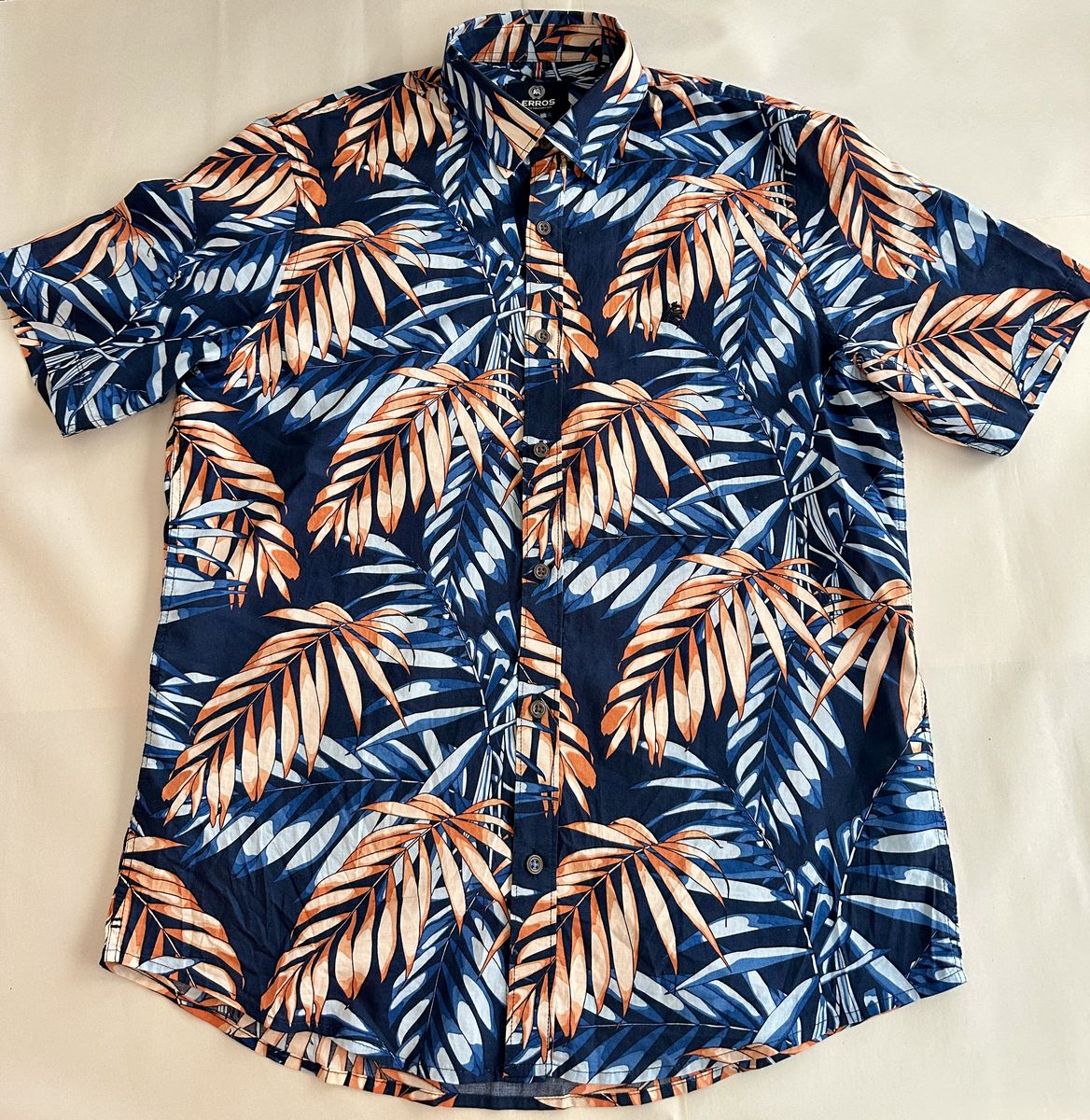 LERROS Men's Medium Tropical Hawaiian Palm Leaf Button Up Shirt Blue Orange M