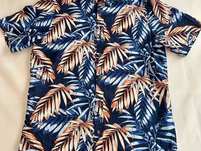LERROS Men's Medium Tropical Hawaiian Palm Leaf Button Up Shirt Blue Orange M