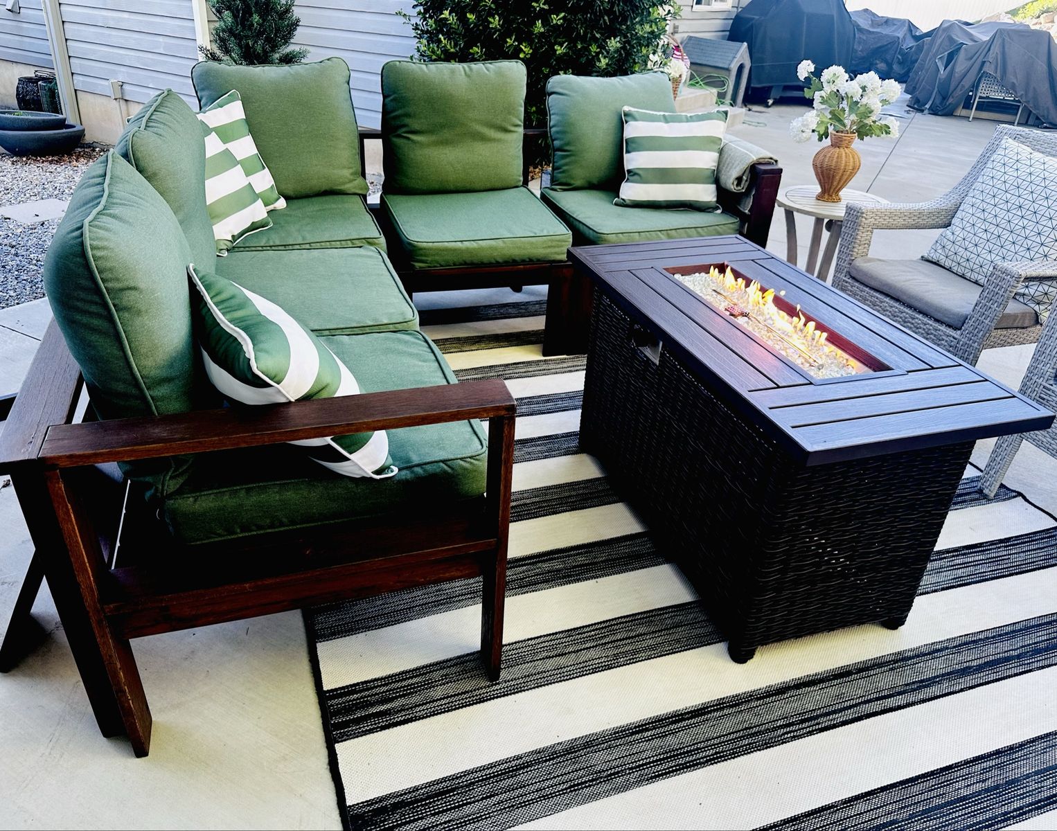 West Elm Outdoor Sectional + Chairs + NEW Fire Pit Table