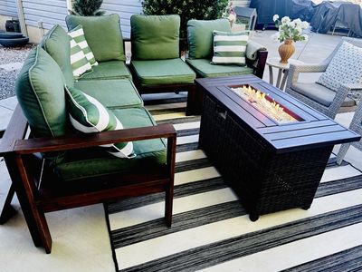 West Elm Outdoor Sectional + Chairs + NEW Fire Pit Table