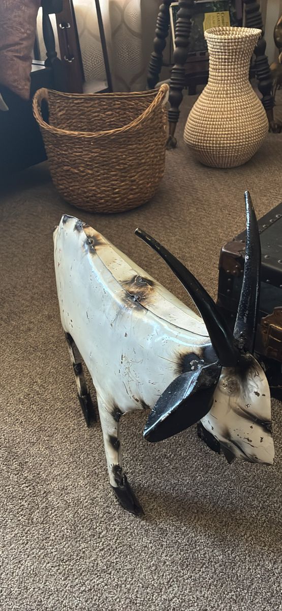 Handcrafted Metal Goat Sculpture Yard Art Decor White and Black