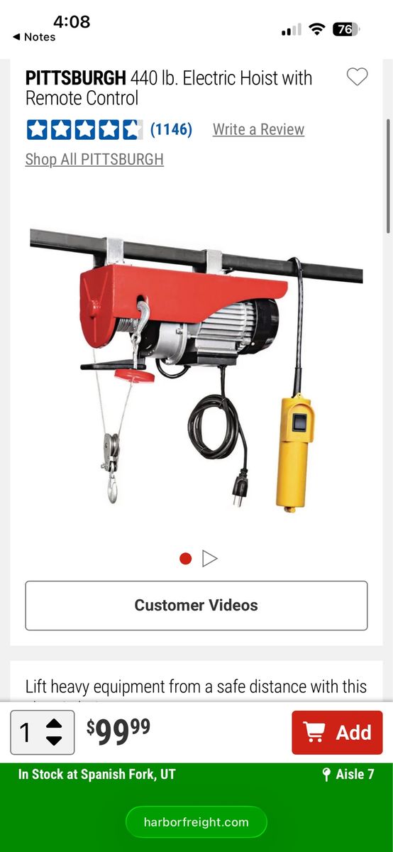 Pittsburgh 440 lb. Electric Hoist with Remote Control. New in box. Paid $150