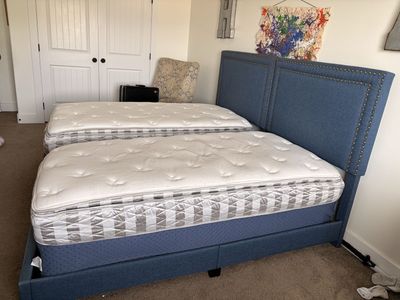 Blue Upholstered Twin Bed Frame with Headboard and Mattresses