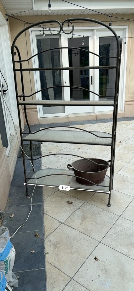Wrought Iron Bakers Rack with Glass Shelves - 6'5" H x 3'7" W Outdoor/Indoor Display Shelf