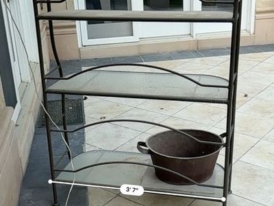 Wrought Iron Bakers Rack with Glass Shelves - 6'5" H x 3'7" W Outdoor/Indoor Display Shelf