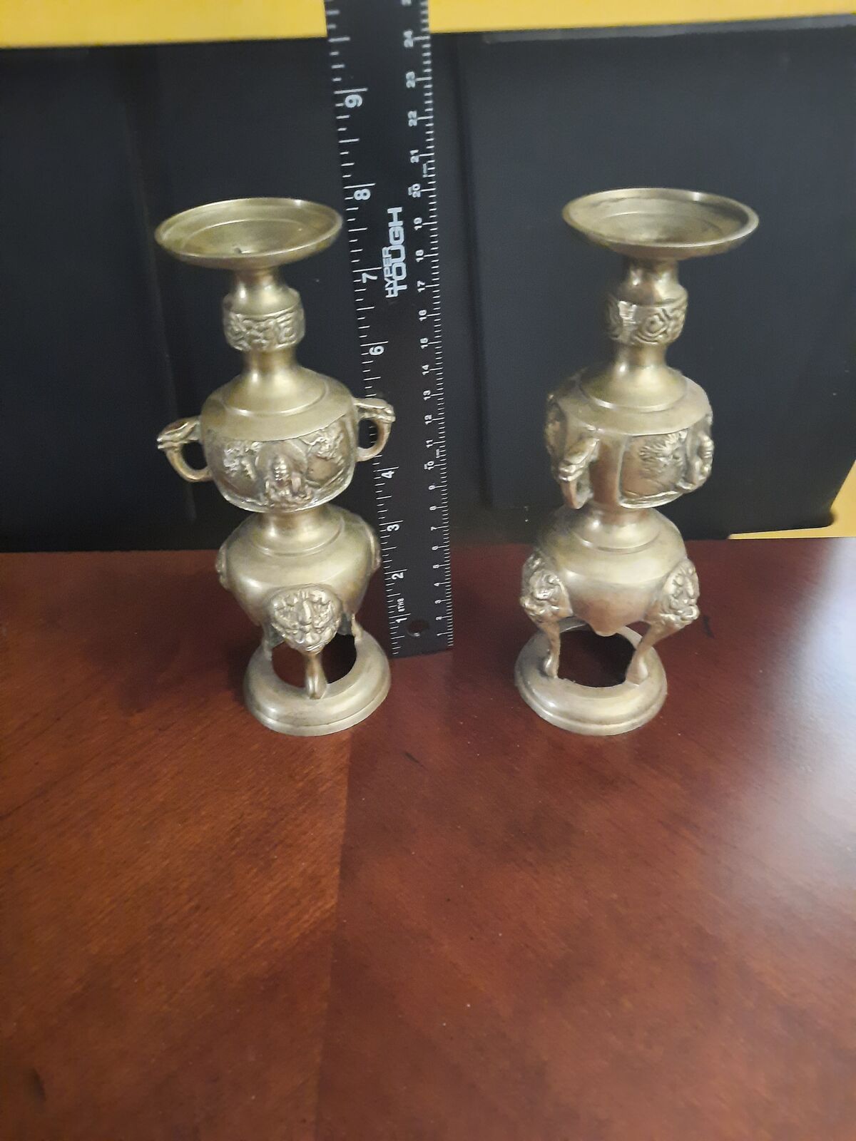 two vintage brass oriental candle holders
