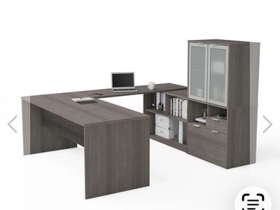 71x88" U-Shaped Gray Office Desk with Hutch - Melamine, 3-Piece Set