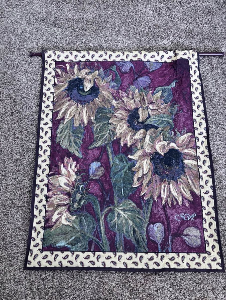 French Sunflower Tapestry Wall Hanging with Paisley Border - Floral Art Decor