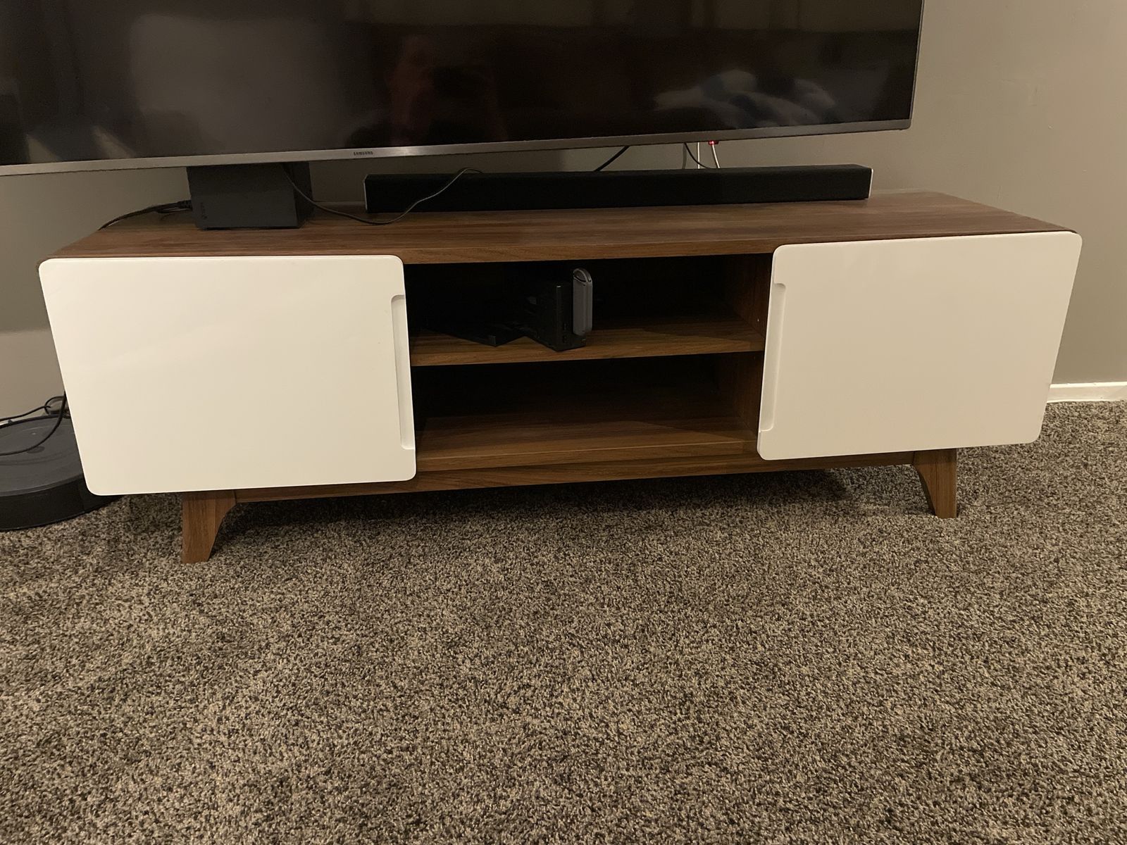 Mid-Century Modern TV Stand with White Cabinets and Center Shelving