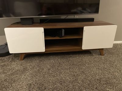 Mid-Century Modern TV Stand with White Cabinets and Center Shelving