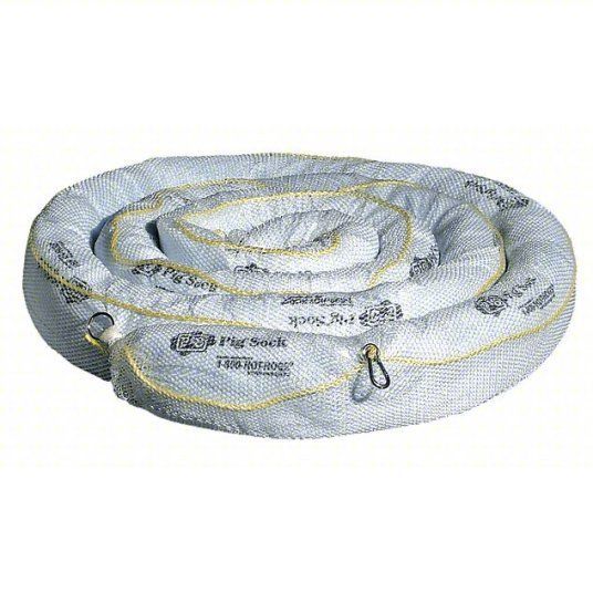 PIG Sorbent Boom Absorbs Oil: 5 in Dia, 20 ft Lg, 12 gal, Ring, White