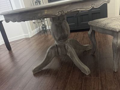 Distressed Grey Round Dining Table with Pedestal Base and 6 Chairs