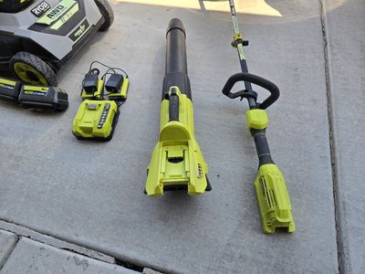 Ryobi mower weed whip blower 4 batteries 3 chargers
