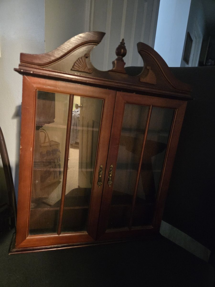 Cherry Wood Wall Mount Curio Cabinet w/ Double Glass Doors & 3 Shelves - 20" H x 16.5" W