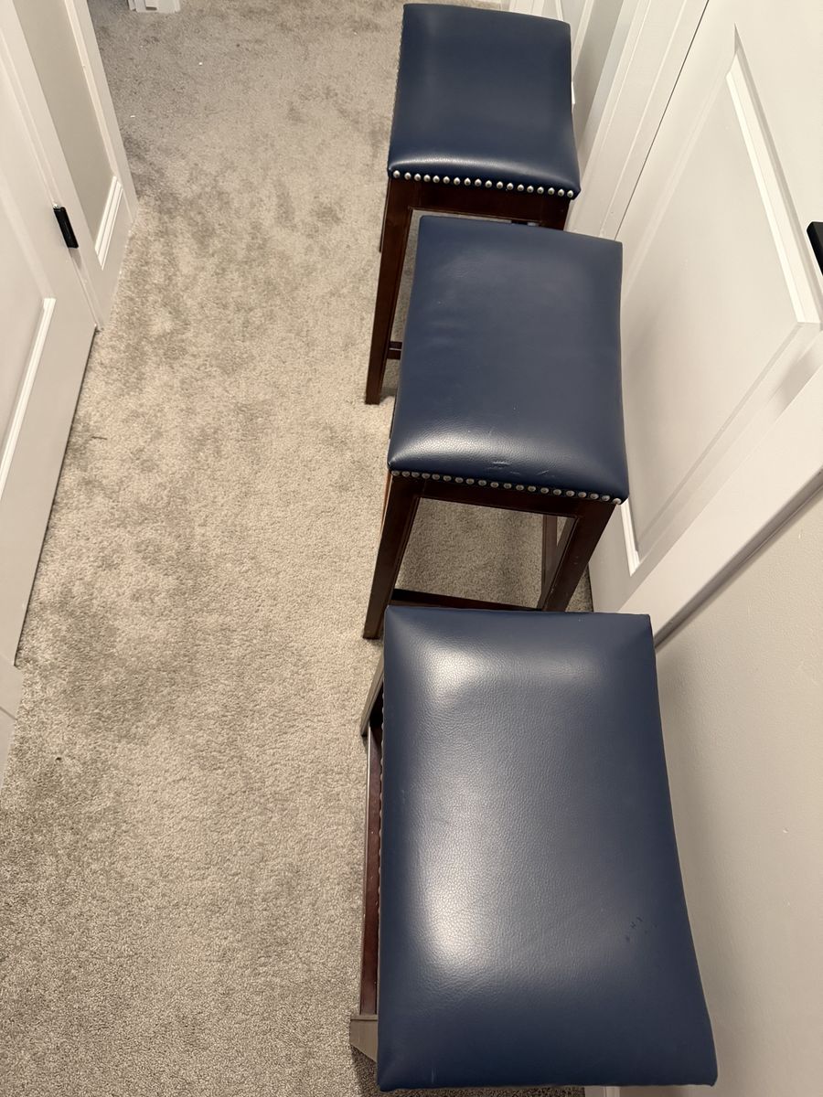 Set of 3 Wood & Blue Faux Leather Saddle Bar Stools with Nailhead Trim