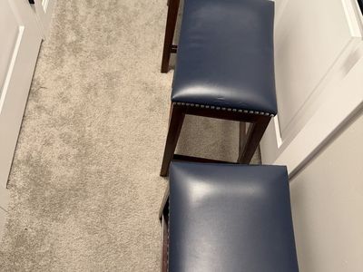 Set of 3 Wood & Blue Faux Leather Saddle Bar Stools with Nailhead Trim