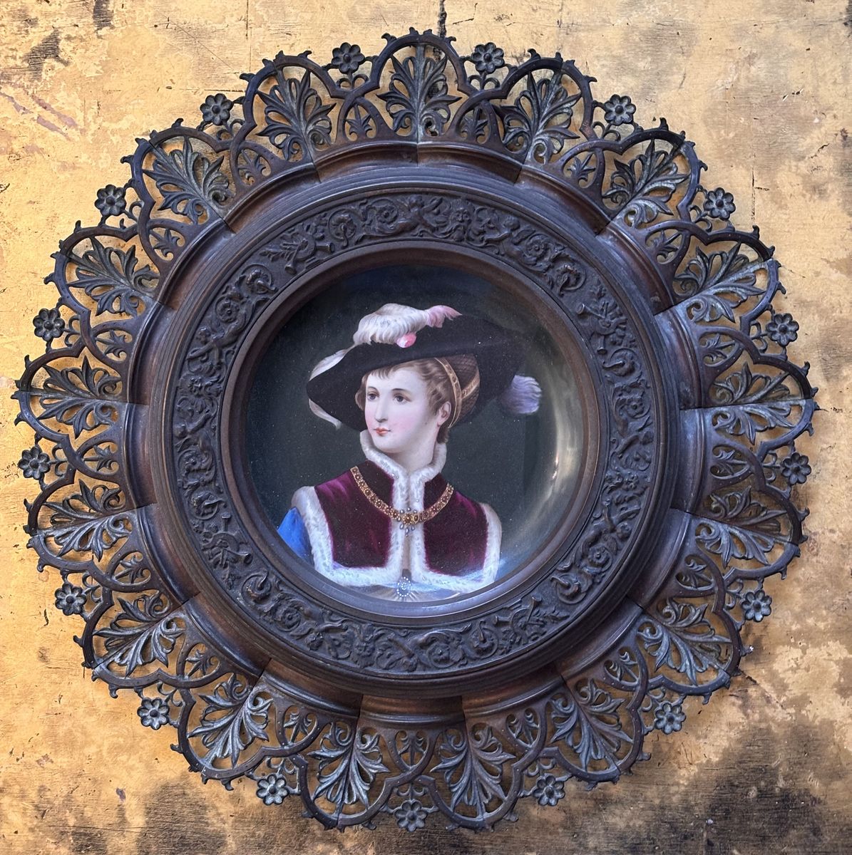 Antique Porcelain Plate in Filigree/Repoussé Frame