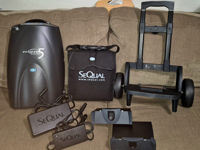 Like-New! 6 hours SeQual Eclipse 5 Portable Oxygen Concentrator autoSAT 2 Batteries, Cart, AC wall, DC auto/car adapters & Bag