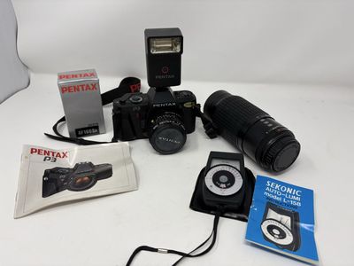 Pentax P3 35mm Film Camera Bundle w/ 50mm Lens, 80-200mm Zoom, Flash & Sekonic Meter