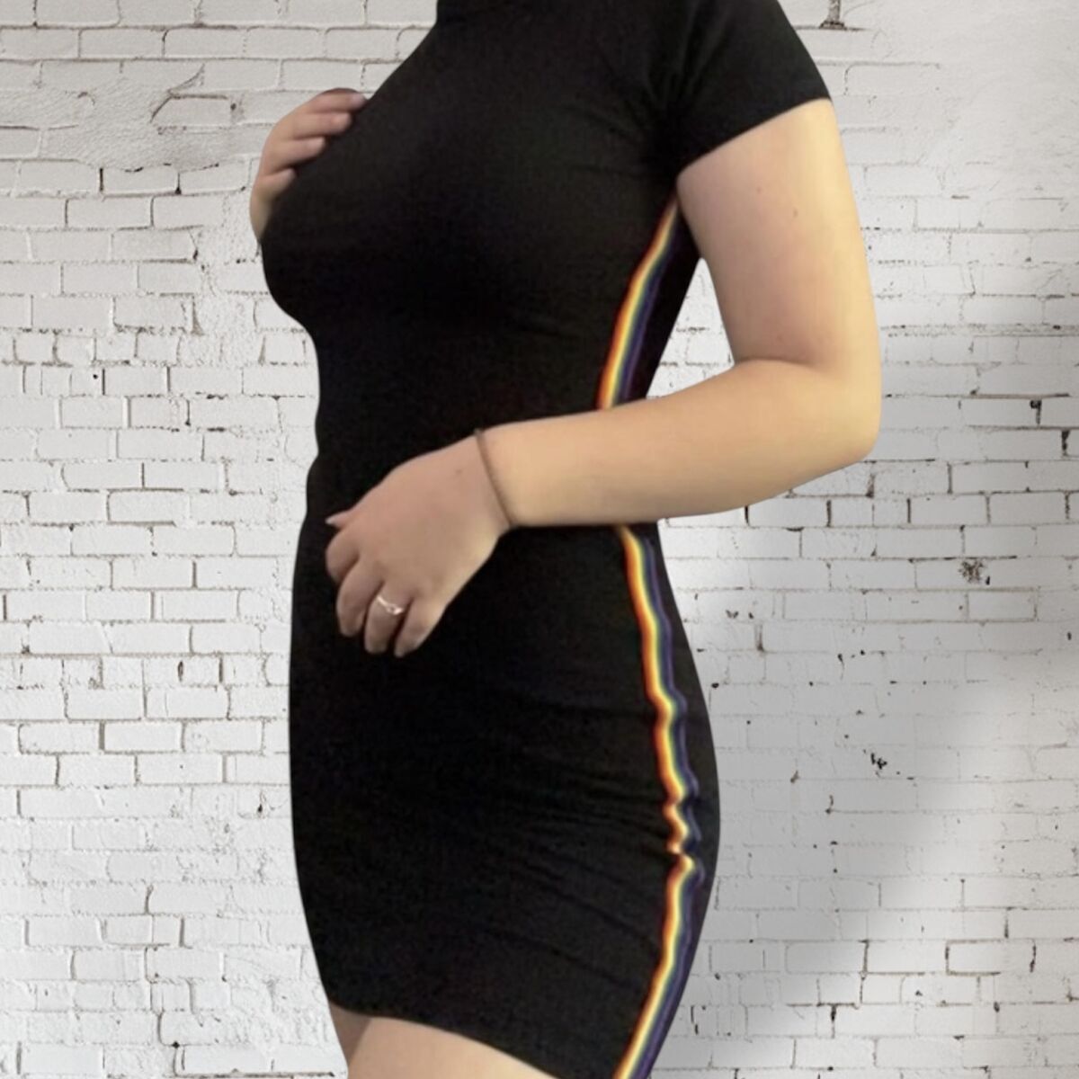 Urban Outfitters Silence + Noise Black Knit Dress with Rainbow Stripes - Size Large