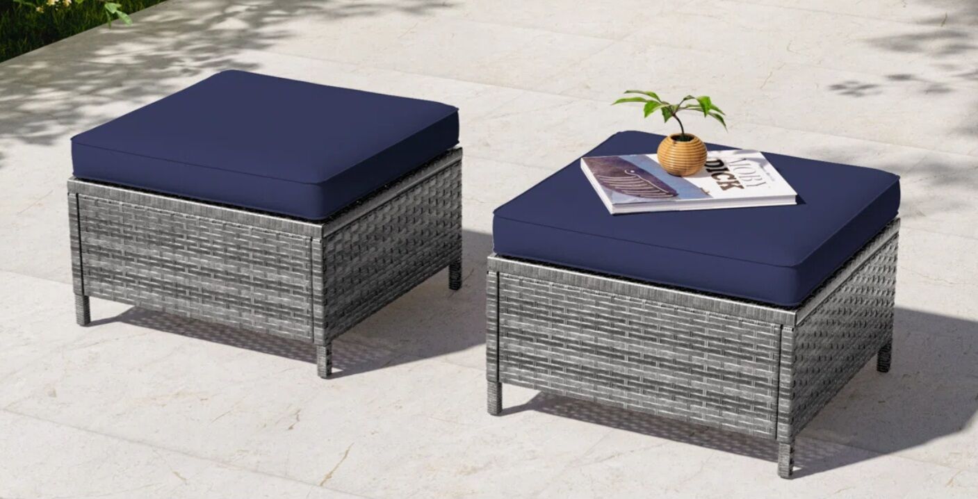 New Assembled Rosebay Outdoor Ottoman with Blue Cushion Set of 2