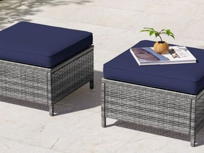 New Assembled Rosebay Outdoor Ottoman with Blue Cushion Set of 2