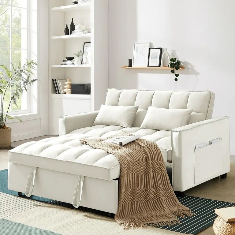 New in box 3 in 1 beige velvet convertible pull out sofa bed