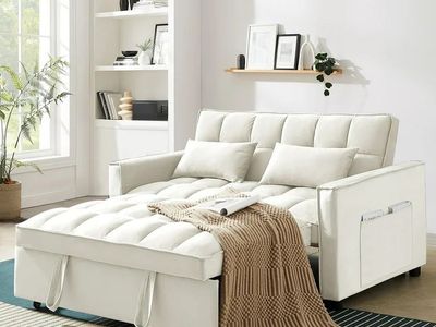 New in box 3 in 1 beige velvet convertible pull out sofa bed