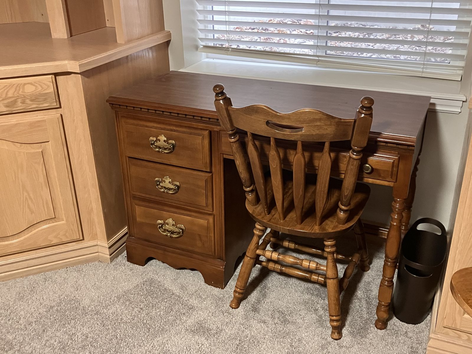 Traditional Wooden Writing Desk with Matching Spindle Chair and Drawers