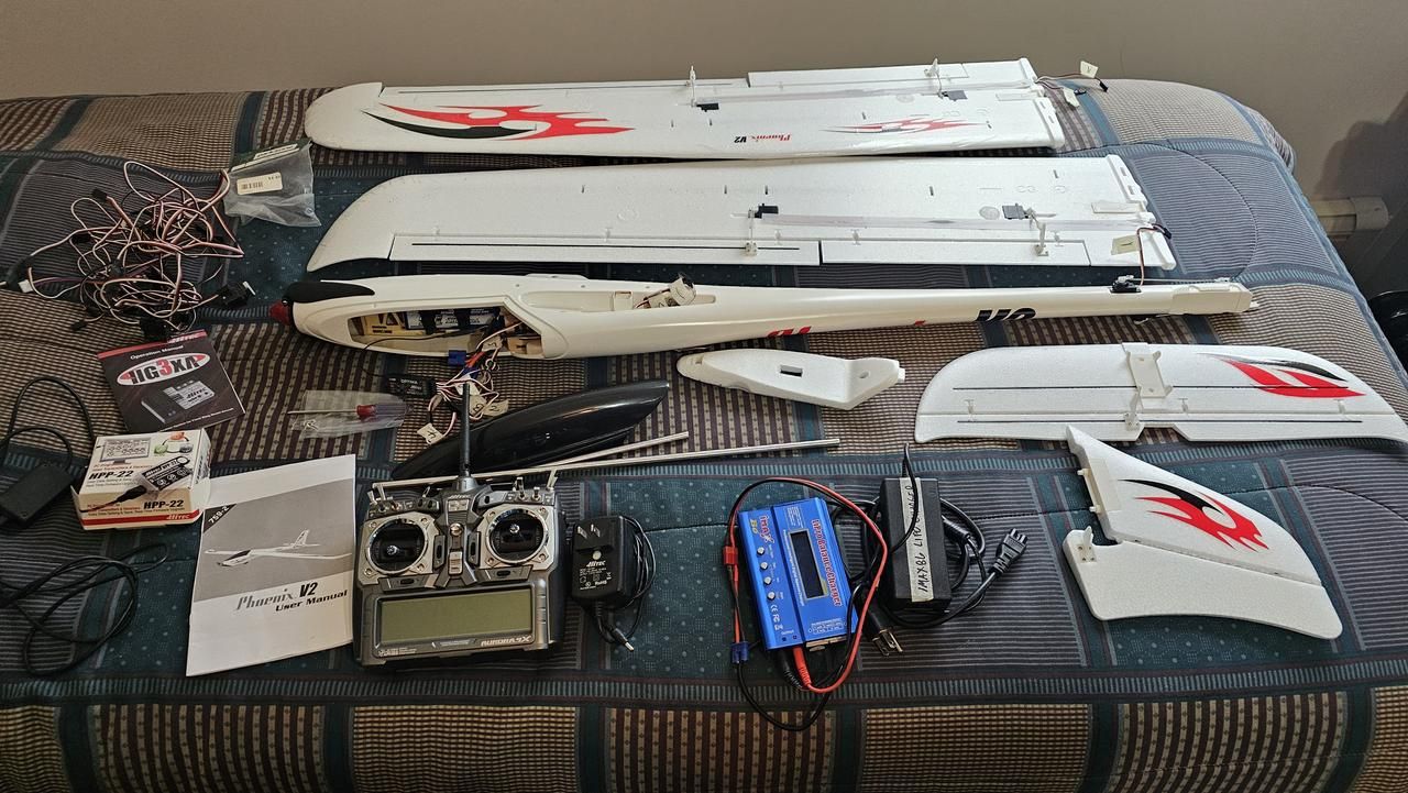 Hitec Aurora 9x RC Transmitter, Phoenix 2M Glider, Flight Electronics, Charger, Misc, Case