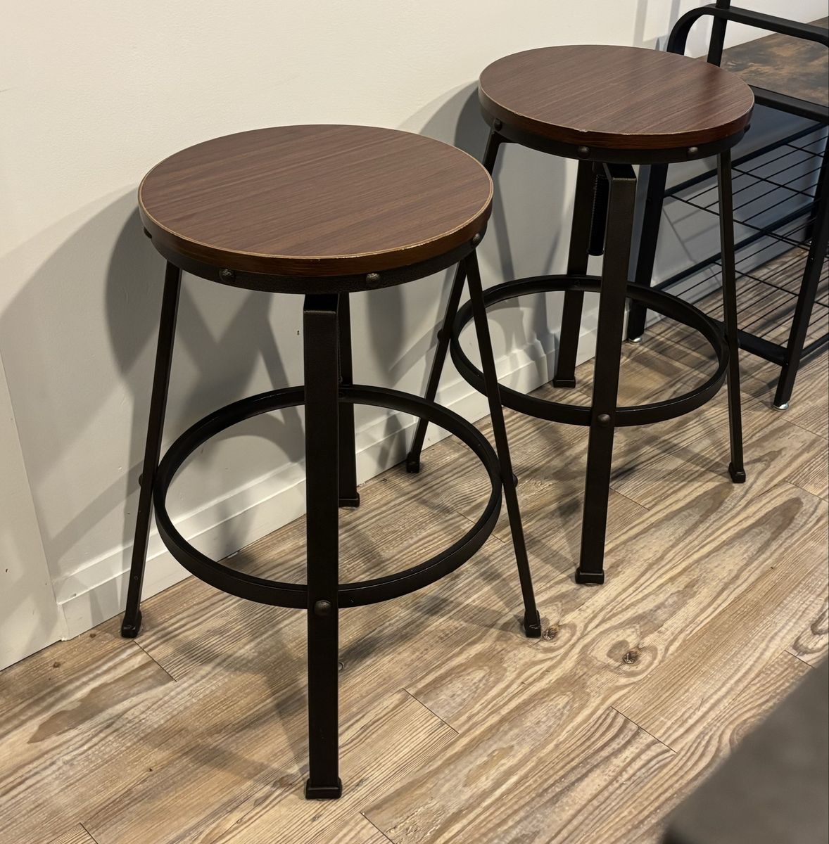 Set of 2 Industrial Style Bar Stools - Wood Top & Metal Legs