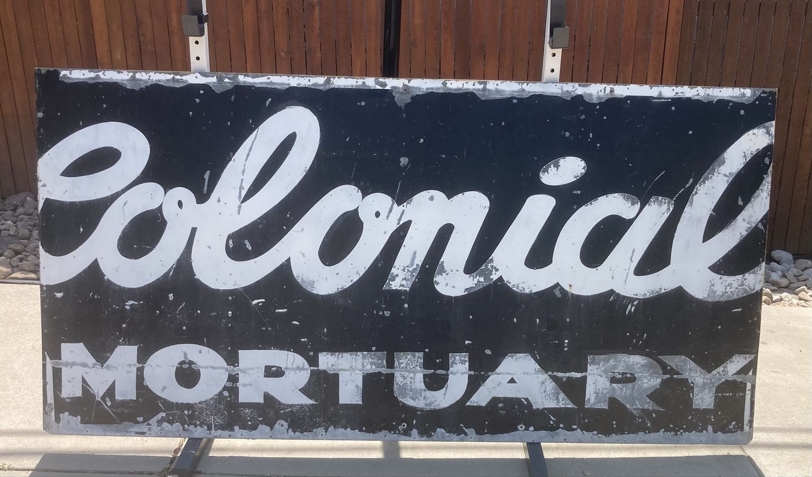 Vintage Hand Painted Colonial Mortuary Metal Sign Wood Backed