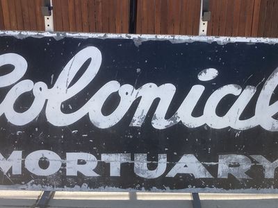 Vintage Hand Painted Colonial Mortuary Metal Sign Wood Backed