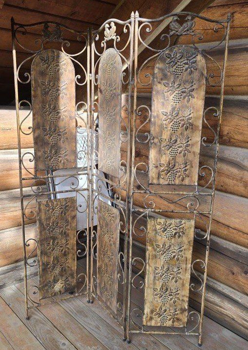 Vintage Wrought Iron 3-Panel Room Divider Screen with Grape & Bird Motif