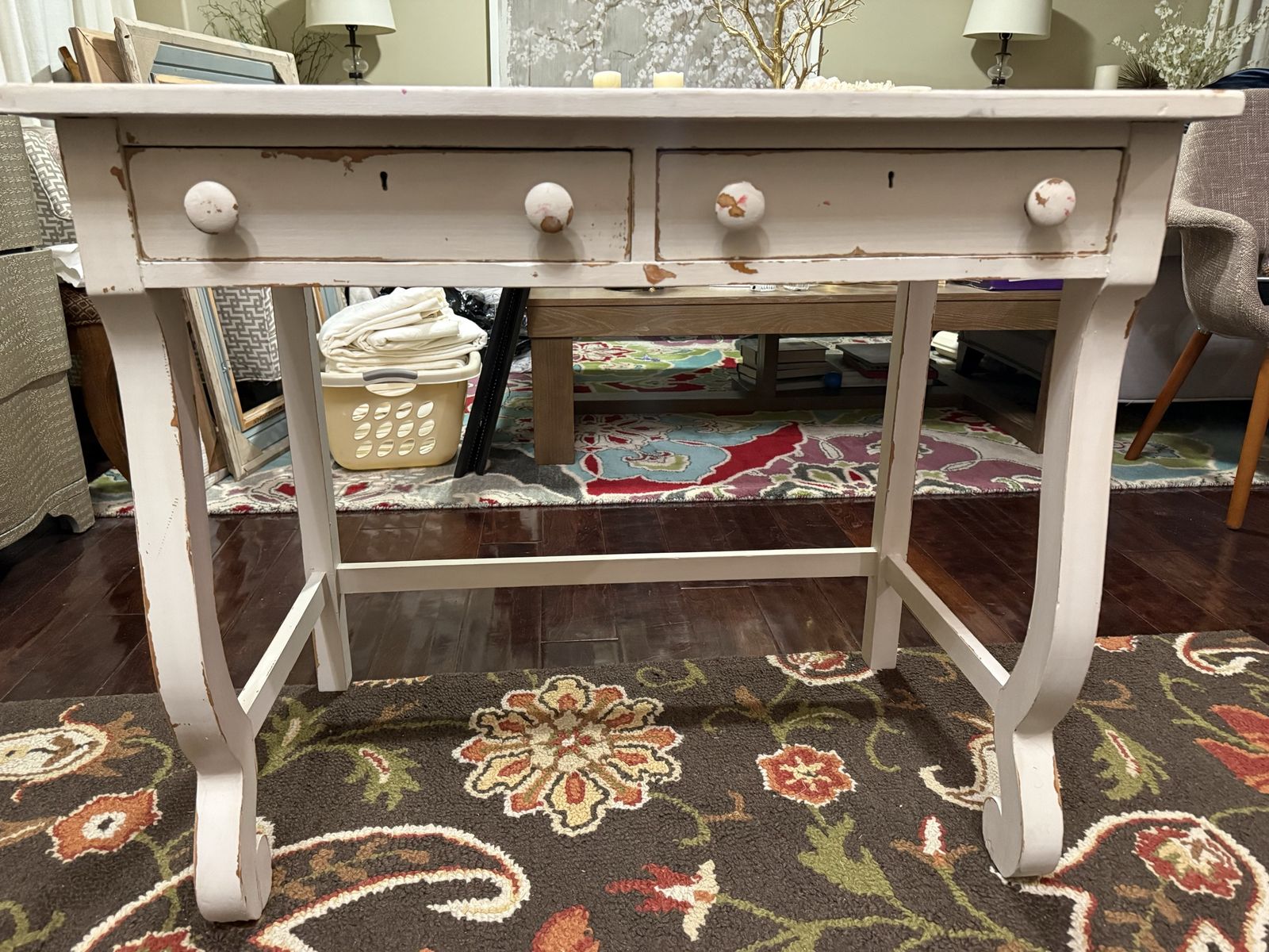 Shabby Chic vintage White desk or entry way table with Two Drawers.