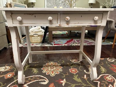 Shabby Chic vintage White desk or entry way table with Two Drawers.