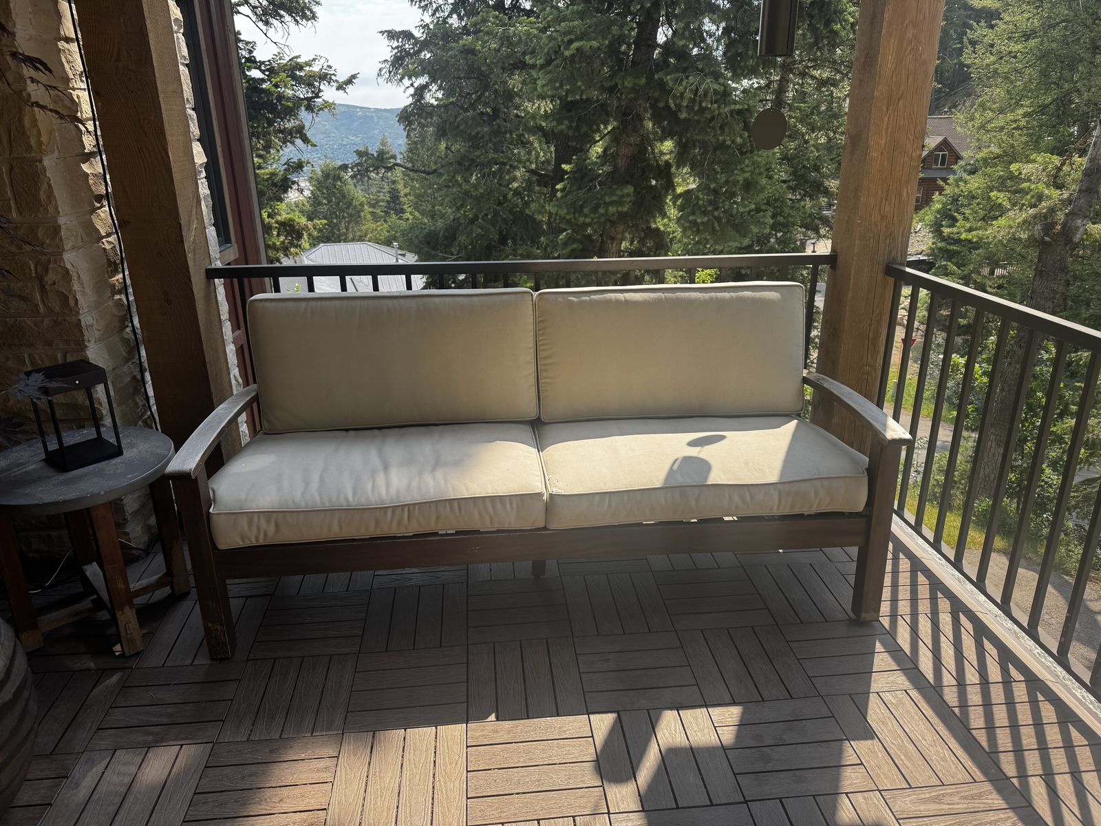 Outdoor Patio Furniture Set - Wooden Loveseat and Chair with Cream Cushions