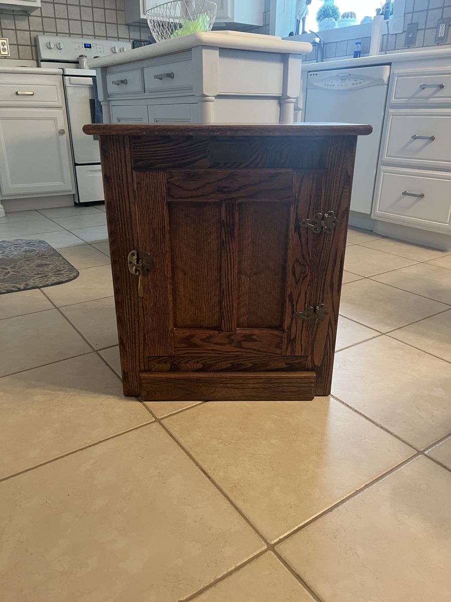 Vintage White Clad Ice Box Oak Wood Table Nightstand from Simmons Hardware CO.