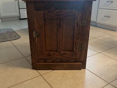 Vintage White Clad Ice Box Oak Wood Table Nightstand from Simmons Hardware CO.