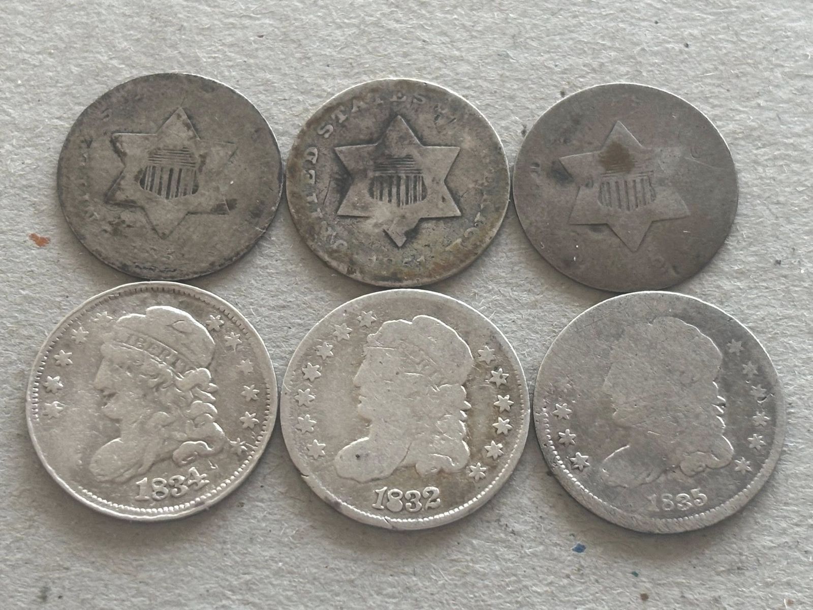 1831 bust half dime $65, 3cent silver 1852 $45