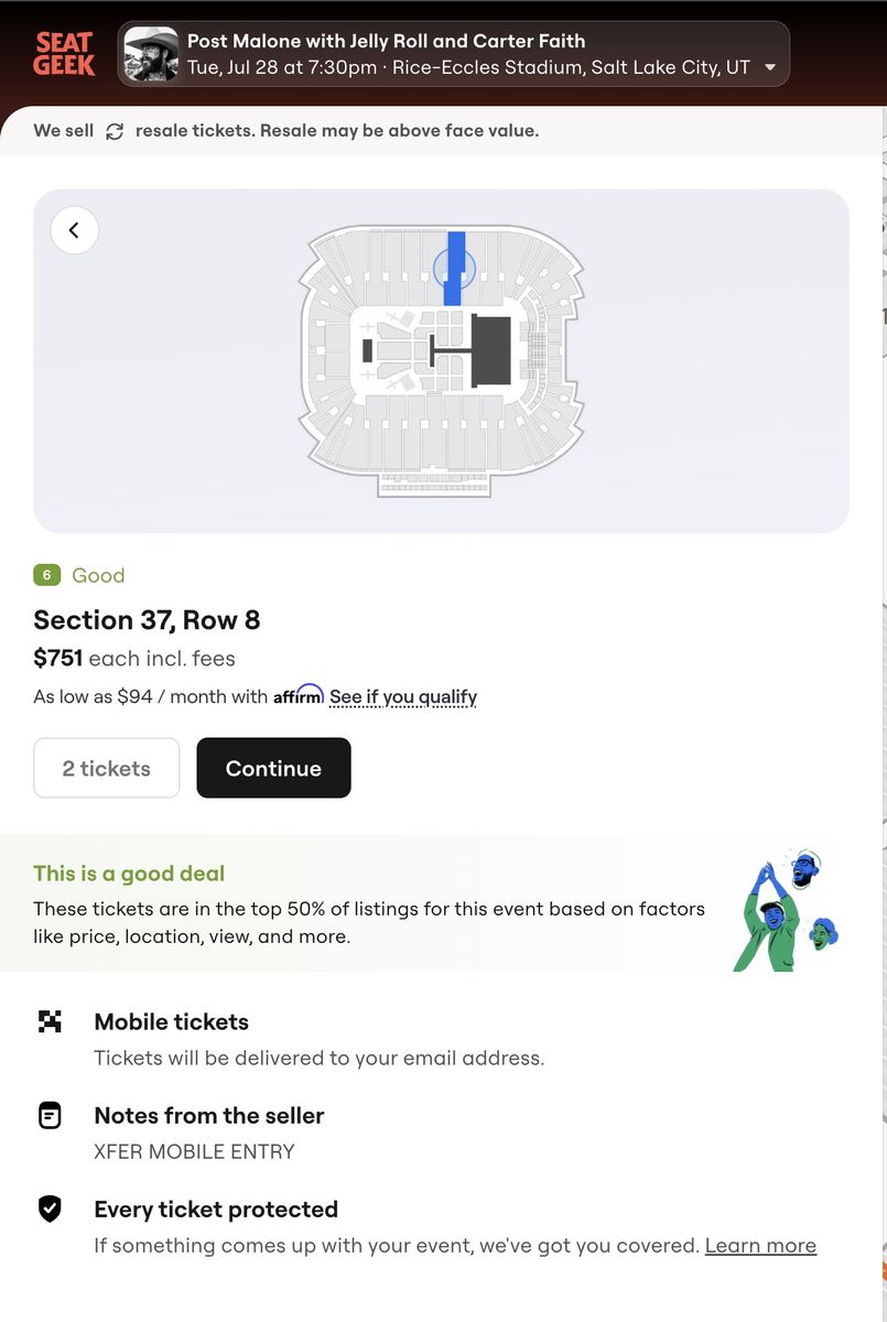 2 Post Malone & Jelly Roll Tickets: The Big Ass Tour - Rice-Eccles Stadium - Sec E37, Row 10
