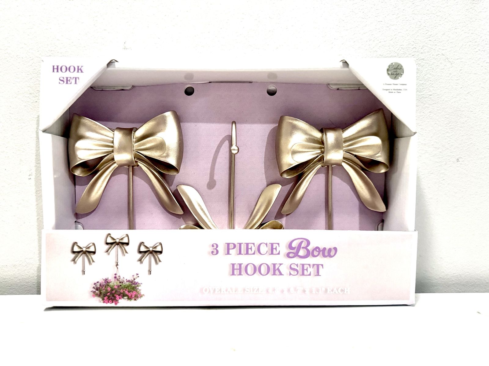 Color & Sage 3-Piece Gold Bow Wall Hook Set - Decorative Home Organization