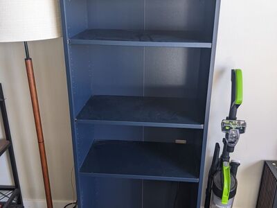 Tall IKEA Bookcase, Navy Blue, Wood Grain Top