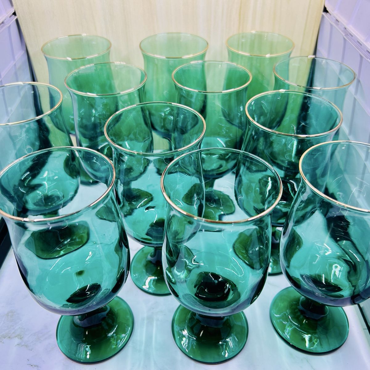 Vintage Green Glass Gold Rim Water Wine Goblets - Set of 12